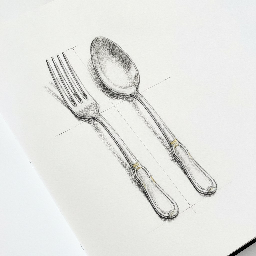 Couvert à entremets, dessin au fusain