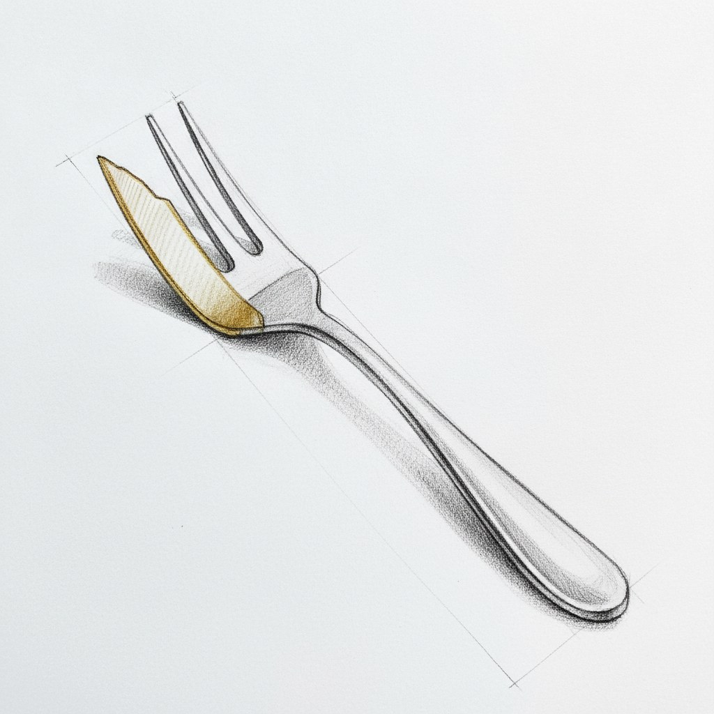 Fourchette à gâteau, dessin au fusain