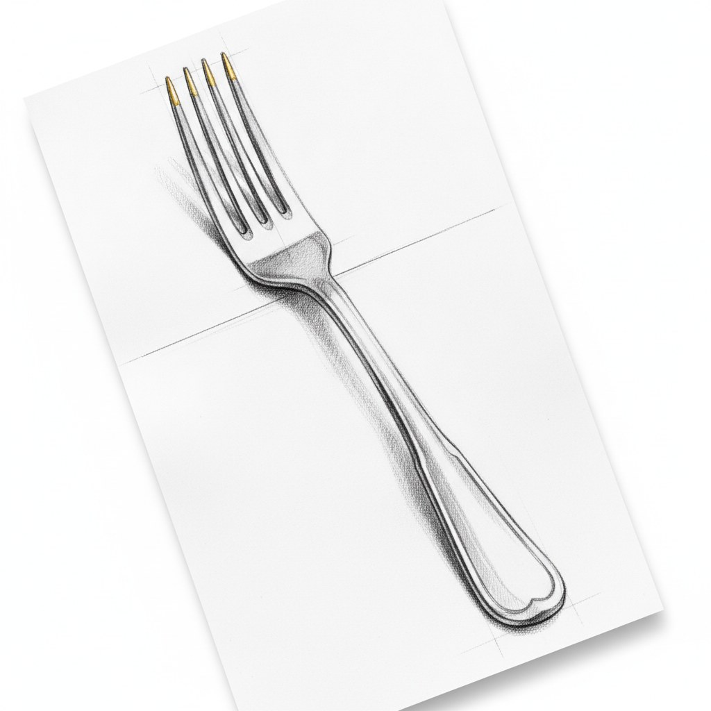 Fourchette de table, dessin au fusain