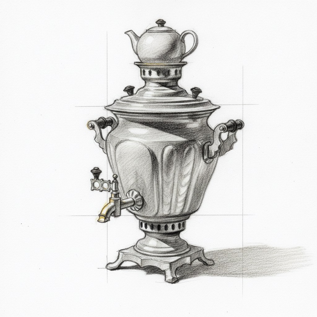 Samovar, dessin au fusain