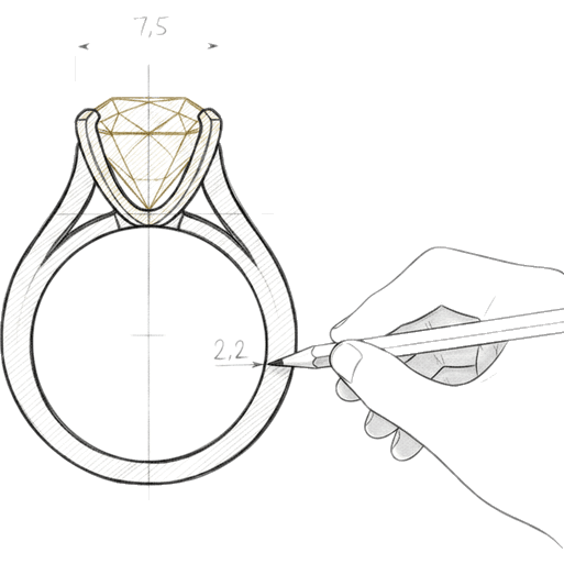 Croquis d’atelier — le plan technique d’une bague en coupe, avec ses cotes
