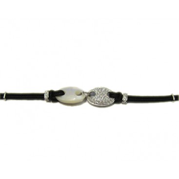 Bracelet en Argent 925 (Nacre - Cordon noir - Oxydes de zirconium)