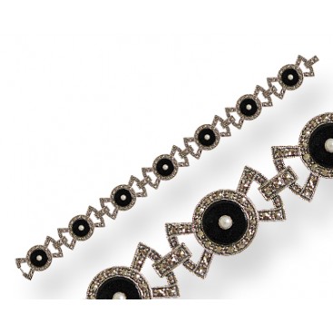 Bracelet en Argent 925 (Perles de cultures - Onyx - Marcassites)
