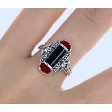 Bague en Argent 925 (Cornaline - Onyx - Marcassites) — vue 2
