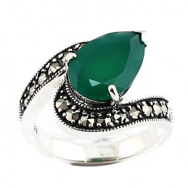 Bague en Argent 925 (Agate verte - Marcassites)