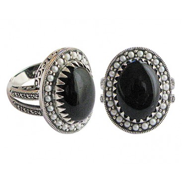 Bague en Argent 925 (Onyx - Perles de culture - Marcassites)