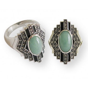 Bague en Argent 925 (Jade vert - Émail noir - Marcassites)