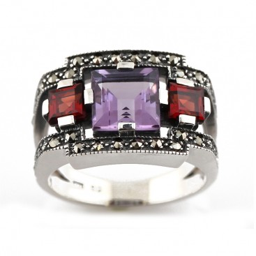 Bague en Argent 925 (Grenats - Améthyste - Marcassites)