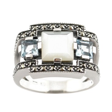 Bague en Argent 925 (Topazes bleues - Nacre - Marcassites)