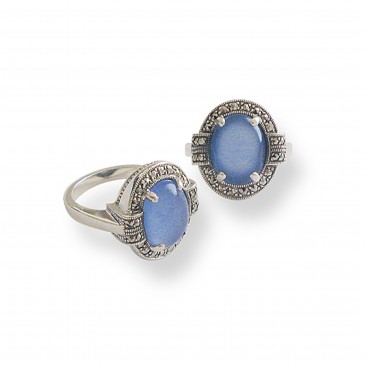 Bague en Argent 925 (Jade bleu - Marcassites)