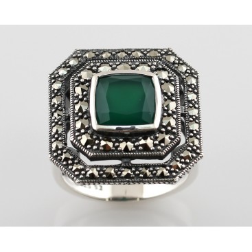 Bague en Argent 925 (Agate verte - Marcassites)