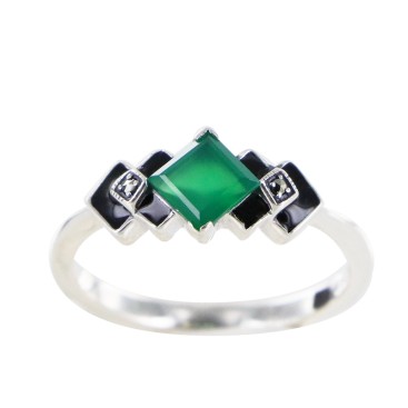 Bague en Argent 925° (Agate verte - Email noir - Marcassites)