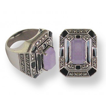 Bague en Argent 925 (Jade lavander - Émail noir - Marcassites)