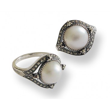 Bague en Argent 925 (Perle de culture - Marcassites)