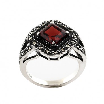 Bague Argent 925 (Grenat - Émail noir - Marcassites)