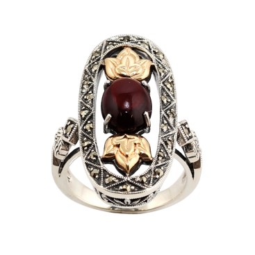 Bague en Or 375° et Argent 925 (Grenat - Marcassites)
