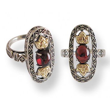 Bague en Or 375° et Argent 925 (Grenat - Marcassites) — vue 2