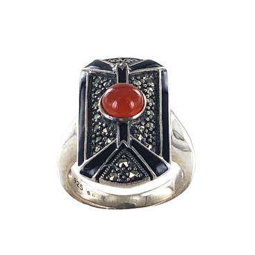 Bague en Argent 925 (Email noir - Cornaline - Marcassites)