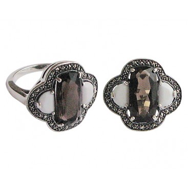 Bague en Argent 925 (Quartz fumé - Agate blanche - Marcassites)