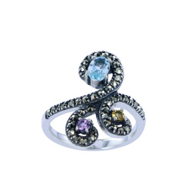 Bague En Argent 925 (Topaze - Améthyste - Citrine - Marcassites)