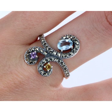 Bague En Argent 925 (Topaze - Améthyste - Citrine - Marcassites) — vue 2