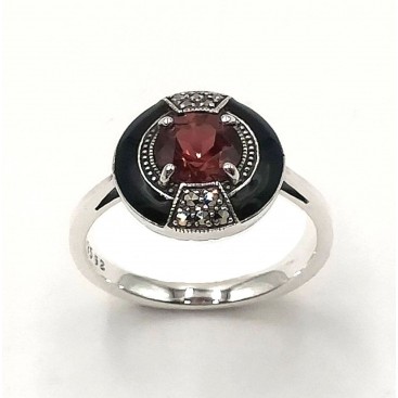 BAGUE ARGENT 925 (GRENAT - EMAIL NOIR - MARCASSITES)