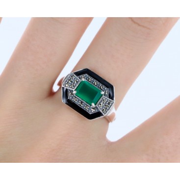 Bague en Argent 925 (Agate Verte - Email Noir - Marcassites) — vue 2