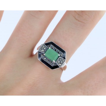 Bague en Argent 925 (Jade Vert - Email Noir - Marcassites) — vue 2