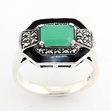 Bague en Argent 925 (Chrysoprase - Émail noir - Marcasites)