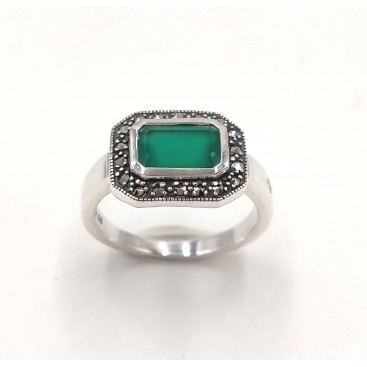 BAGUE ARGENT 925 (AGATE VERTE - MARCASSITES)