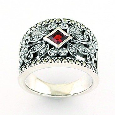 Bague en Argent 925 (Grenats - Oxydes de zirconium - Marcassites)
