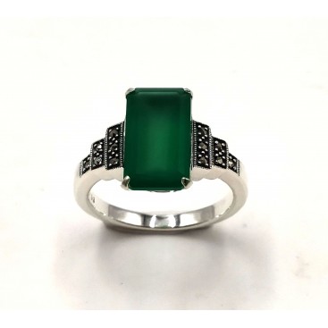 BAGUE ARGENT 925 (AGATE VERTE - MARCASSITES)