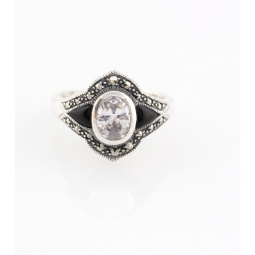 Bague en Argent 925 (Onyx - Oxydes de Zirconium - Marcassites)