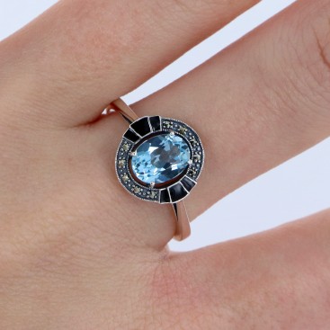 BAGUE EN ARGENT 925°(TOPAZE BLEUE - EMAIL BLEU- MARCASSITES) — vue 2