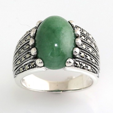 Bague en Argent 925 (Jade vert - Marcassites)