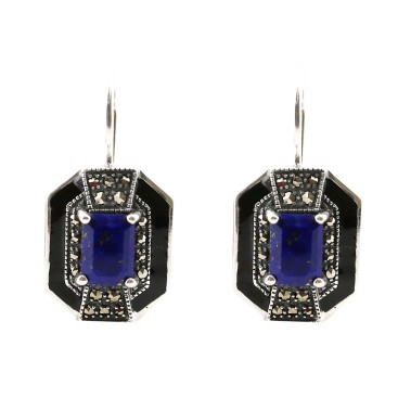 Boucles d'oreilles en Argent 925 (Lapis - Email noir - Marcassites)