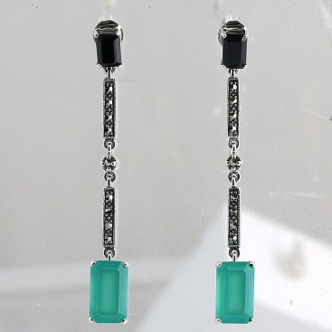 B.O en Argent 925 (Agate verte - Onyx - Marcassites)