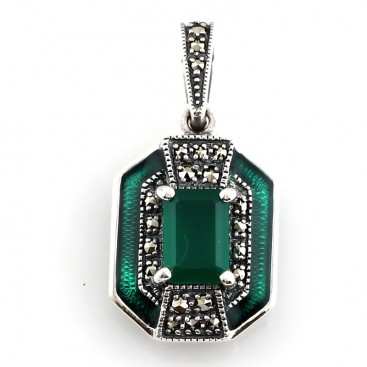 Pendentif en Argent 925 (Agate Verte - Émail Vert - Marcassites)