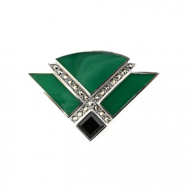 Broche Argent 925 Agate verte - Onyx - Marcassites