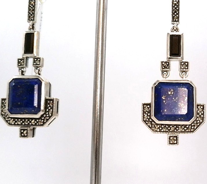 Boucle d'oreilles pendantes lapis lazuli et marcassites argent 925/1000