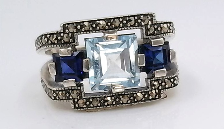 Bague argent 925/1000 topaze, marcassites et oxydes — vue 2