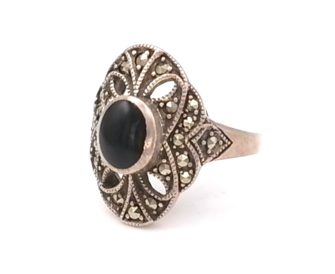 Bague argent 925/1000 Onyx et marcassites — vue 2