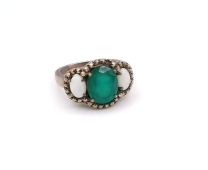 bague argent 925/1000 agate verte et marcassites, opales — vue 2