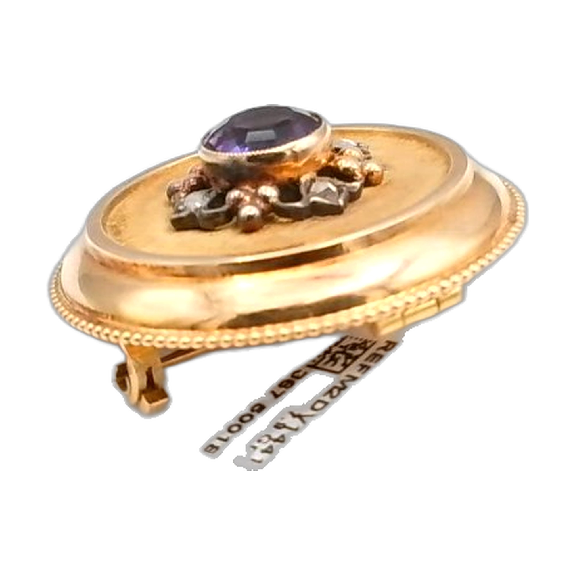 broche année 1930 avec amétiste et diamant taille ancienne en or jaune 18k 750/1000 — vue 10