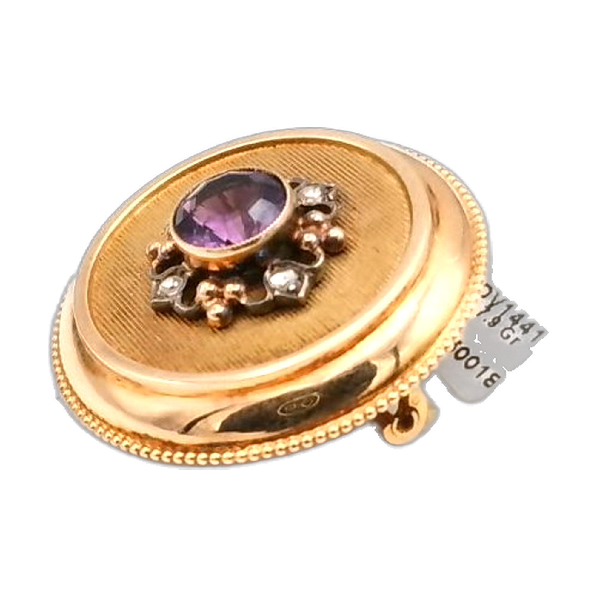 broche année 1930 avec amétiste et diamant taille ancienne en or jaune 18k 750/1000 — vue 2