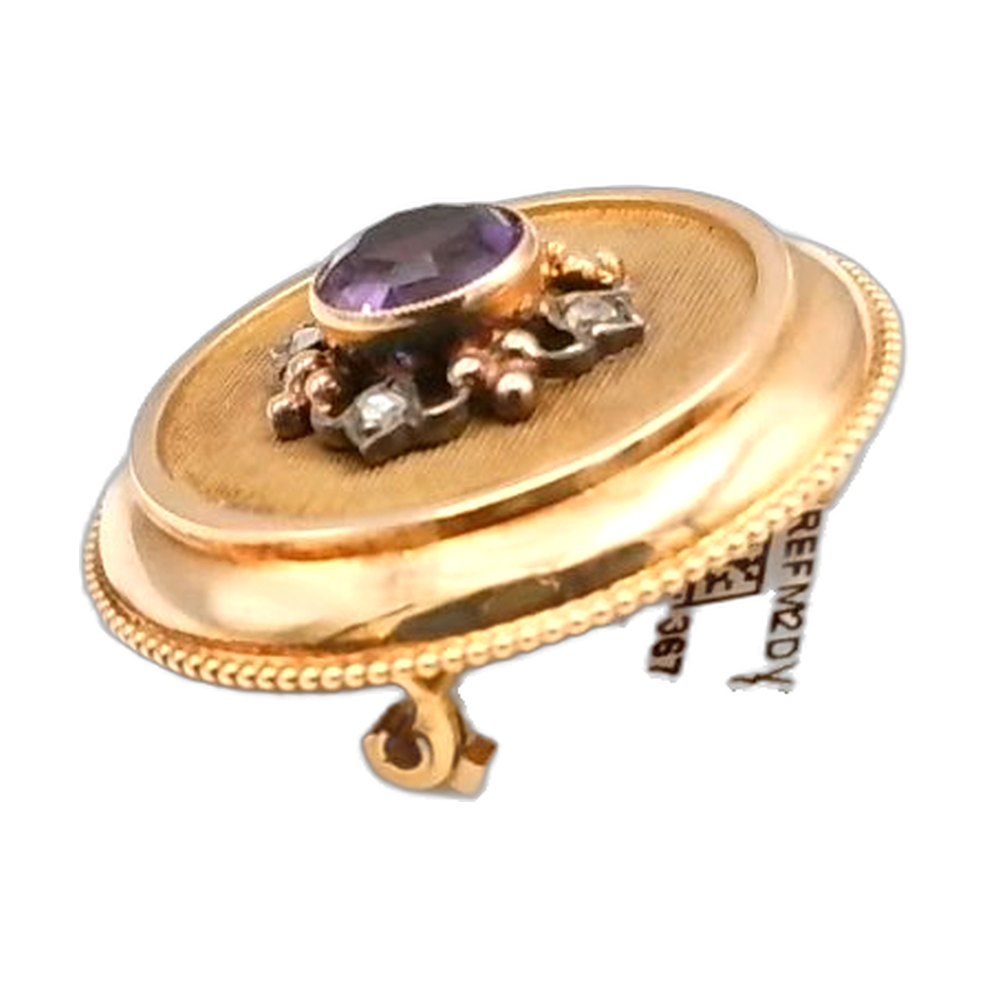 broche année 1930 avec amétiste et diamant taille ancienne en or jaune 18k 750/1000 — vue 3