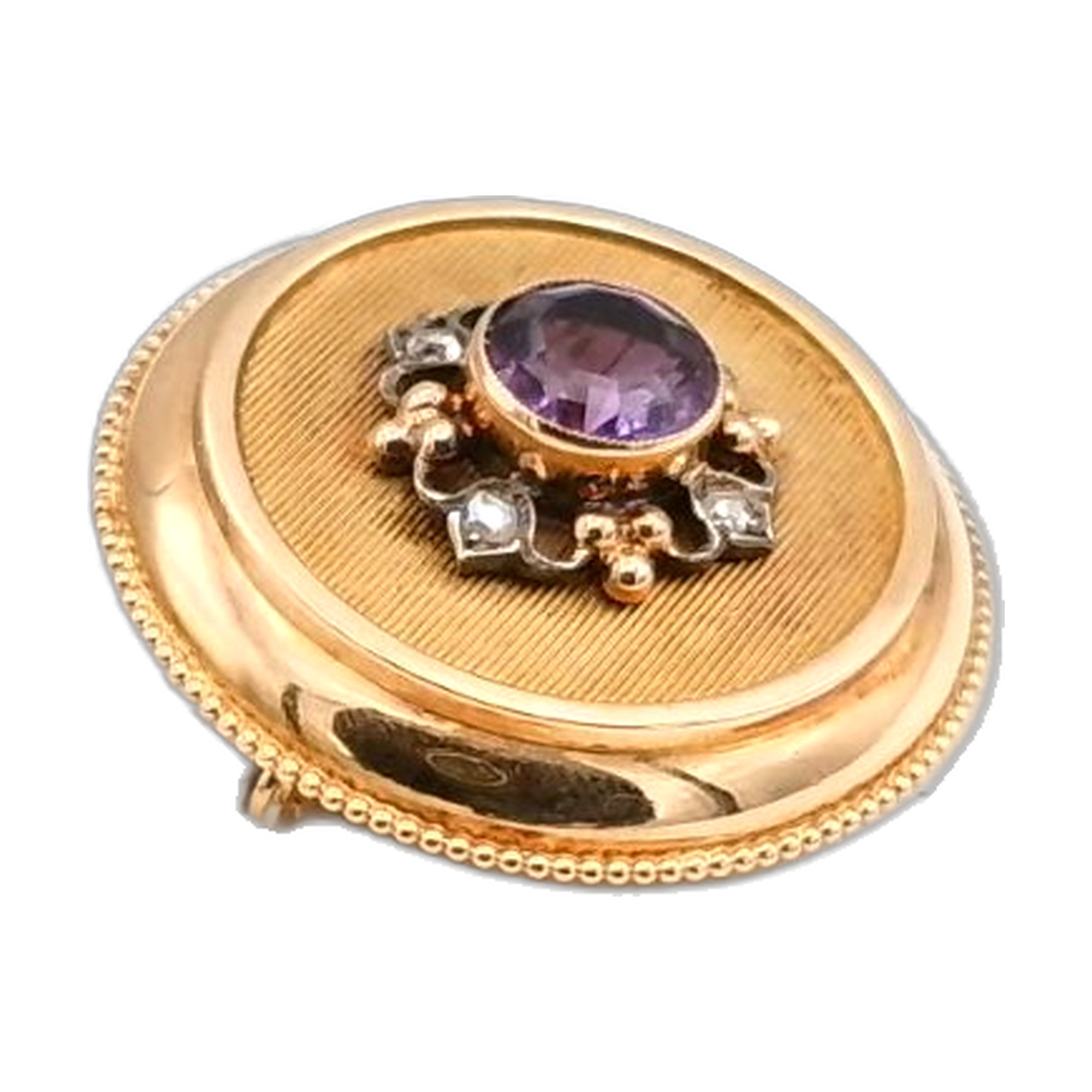 broche année 1930 avec amétiste et diamant taille ancienne en or jaune 18k 750/1000 — vue 6
