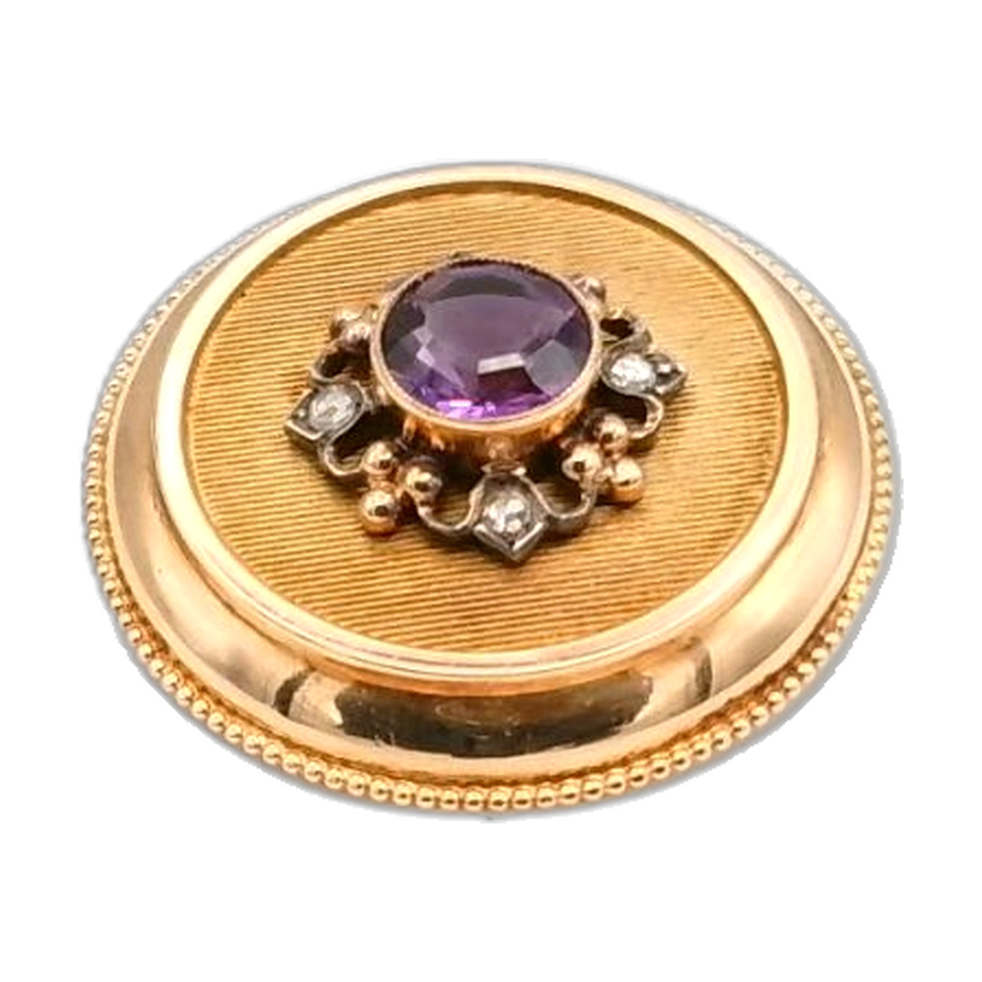 broche année 1930 avec amétiste et diamant taille ancienne en or jaune 18k 750/1000 — vue 7