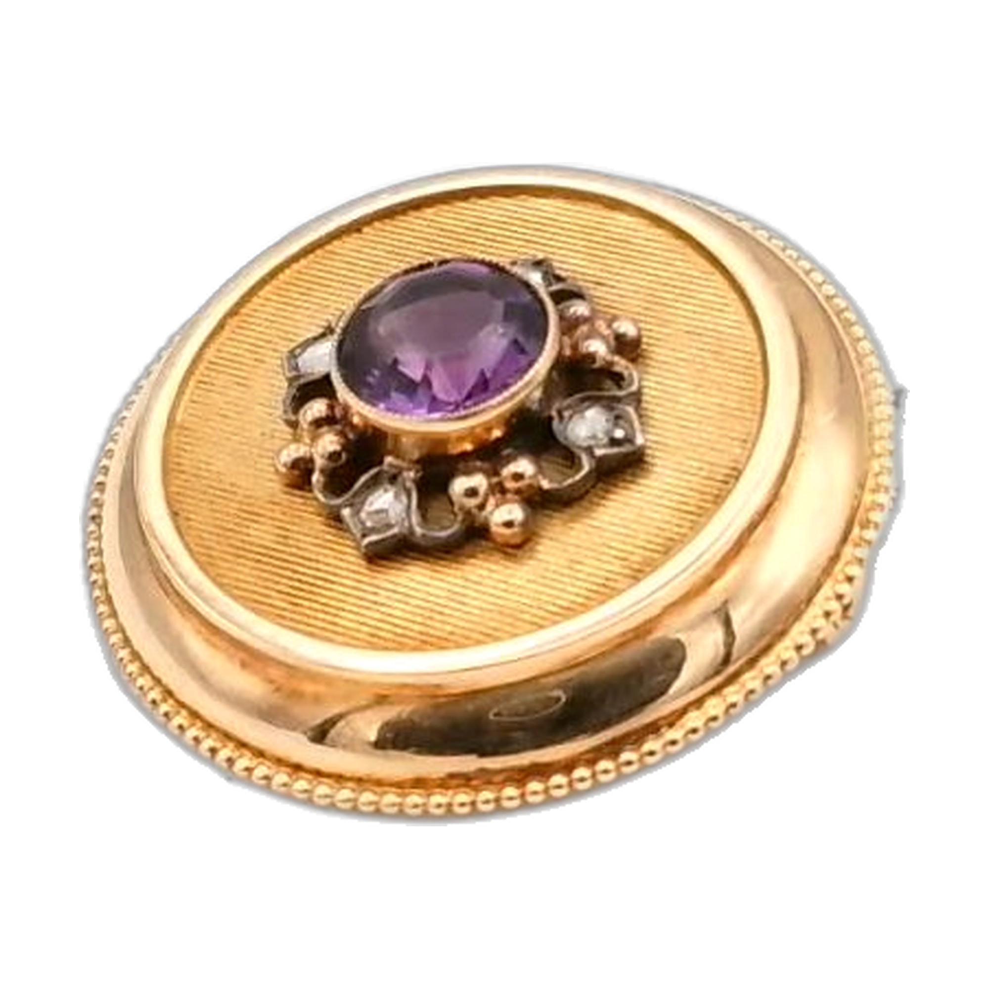 broche année 1930 avec amétiste et diamant taille ancienne en or jaune 18k 750/1000 — vue 8