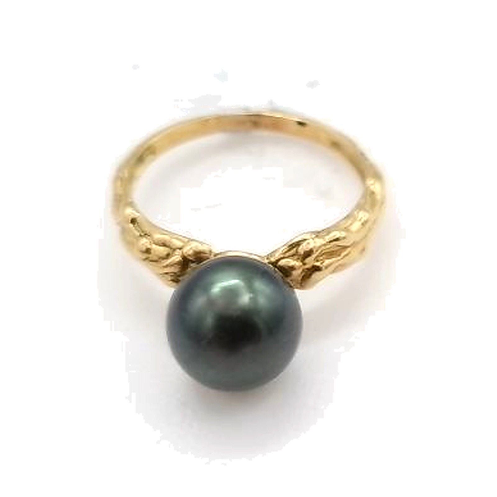 bague or jaune travailler marbrée avec perle de tahity vert — vue 4